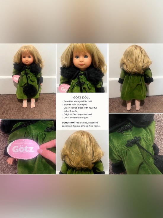 Götz Other - Vintage Götz Doll Blonde Hair Green Velvet Dress w/ Faux Fur Trim Germany